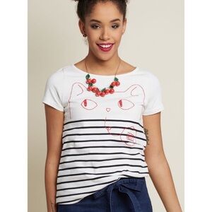 MODCLOTH MEOWING AND MUSING QUIRKY CAT BRETON STRIPE EMBROIDERED TEE SHIRT